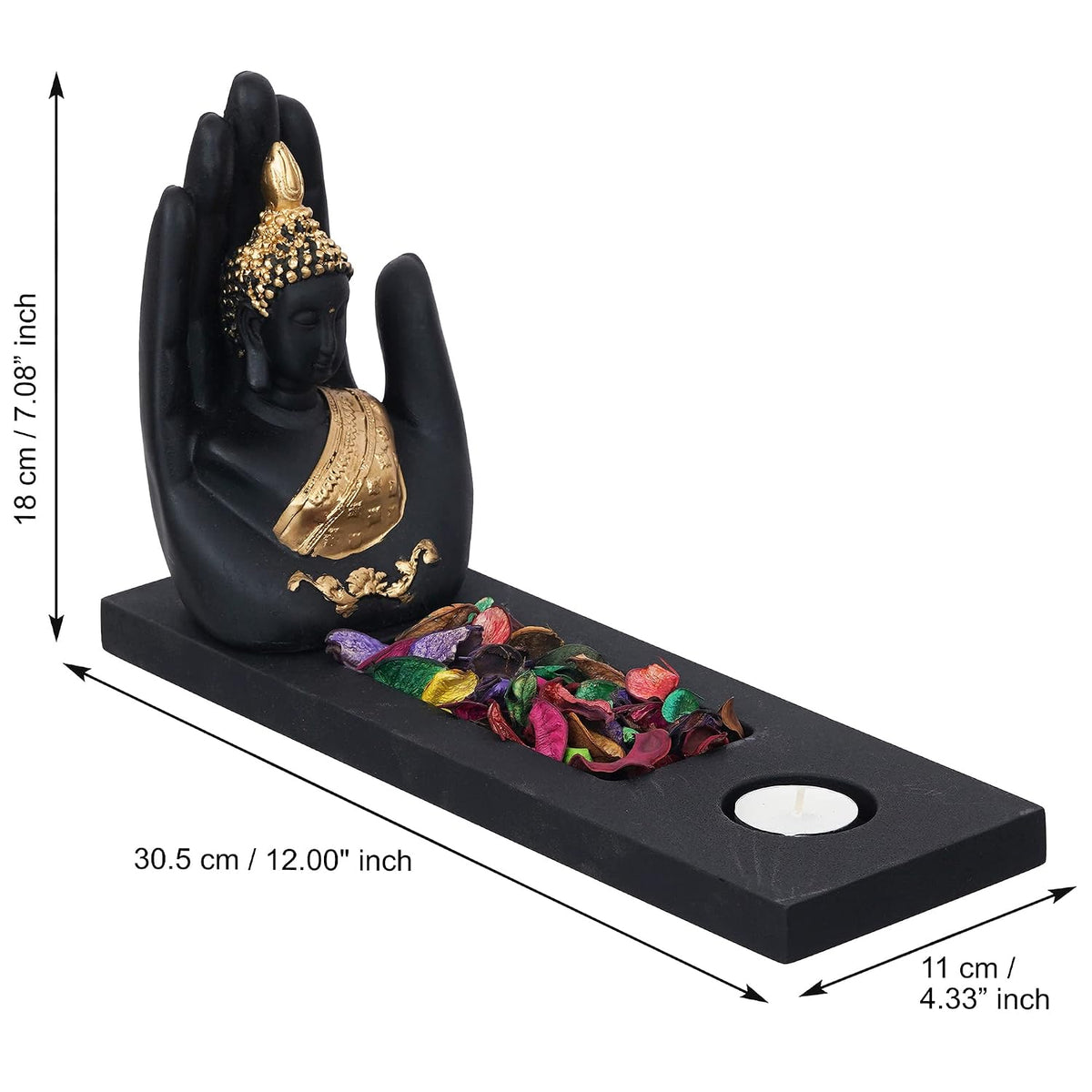 eCraftIndia Gold & Black Polyresin Palm Buddha Showpiece with Rectangle Wooden Base, Fragranced Petals & Tealight