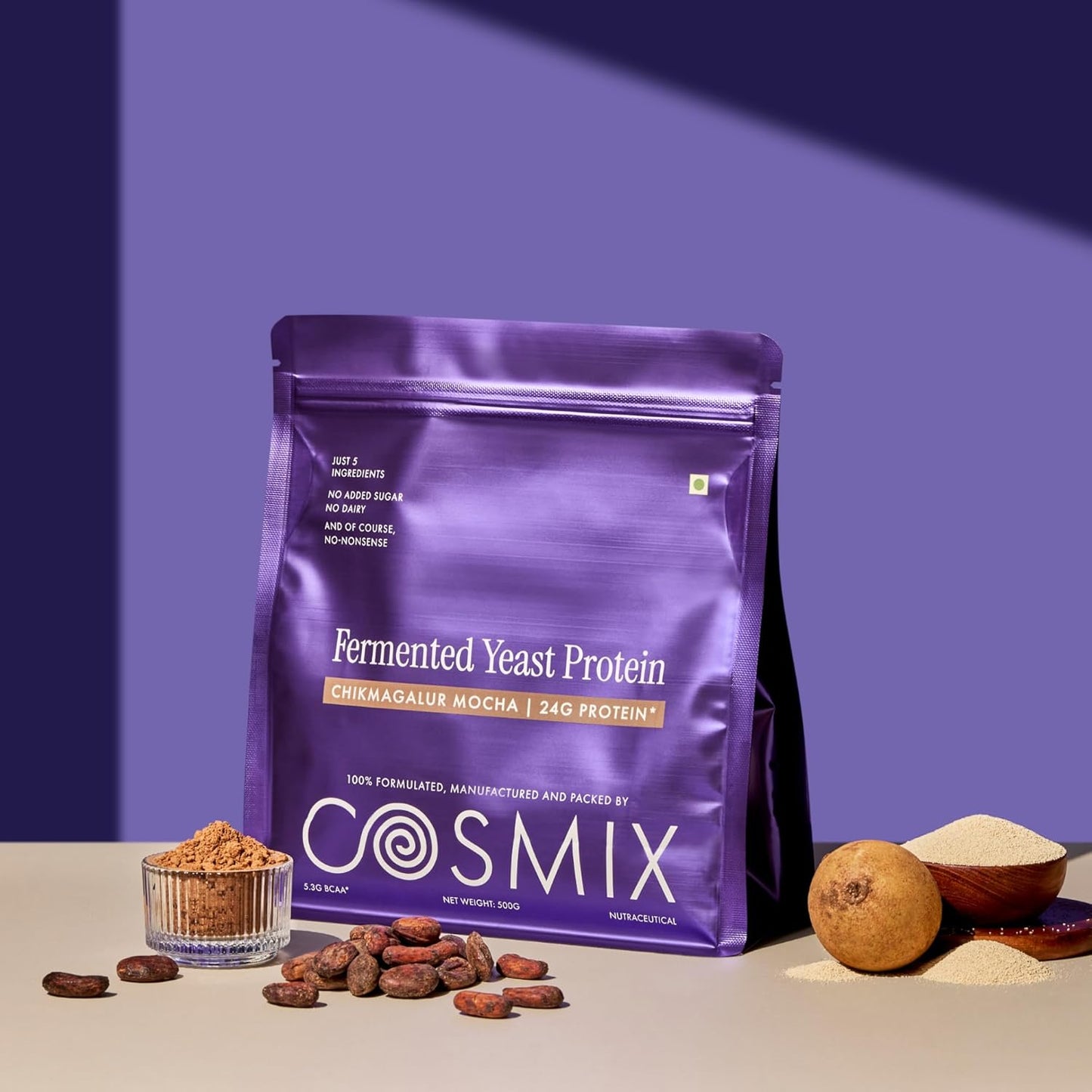 Cosmix Fermented Yeast Protein Powder | 24g Protein | Pure Single-Source Plant Protein | Made In-House | Smooth, Crazy tasty & Gut-Friendly | Chikmagalur Mocha, 500g Pouch