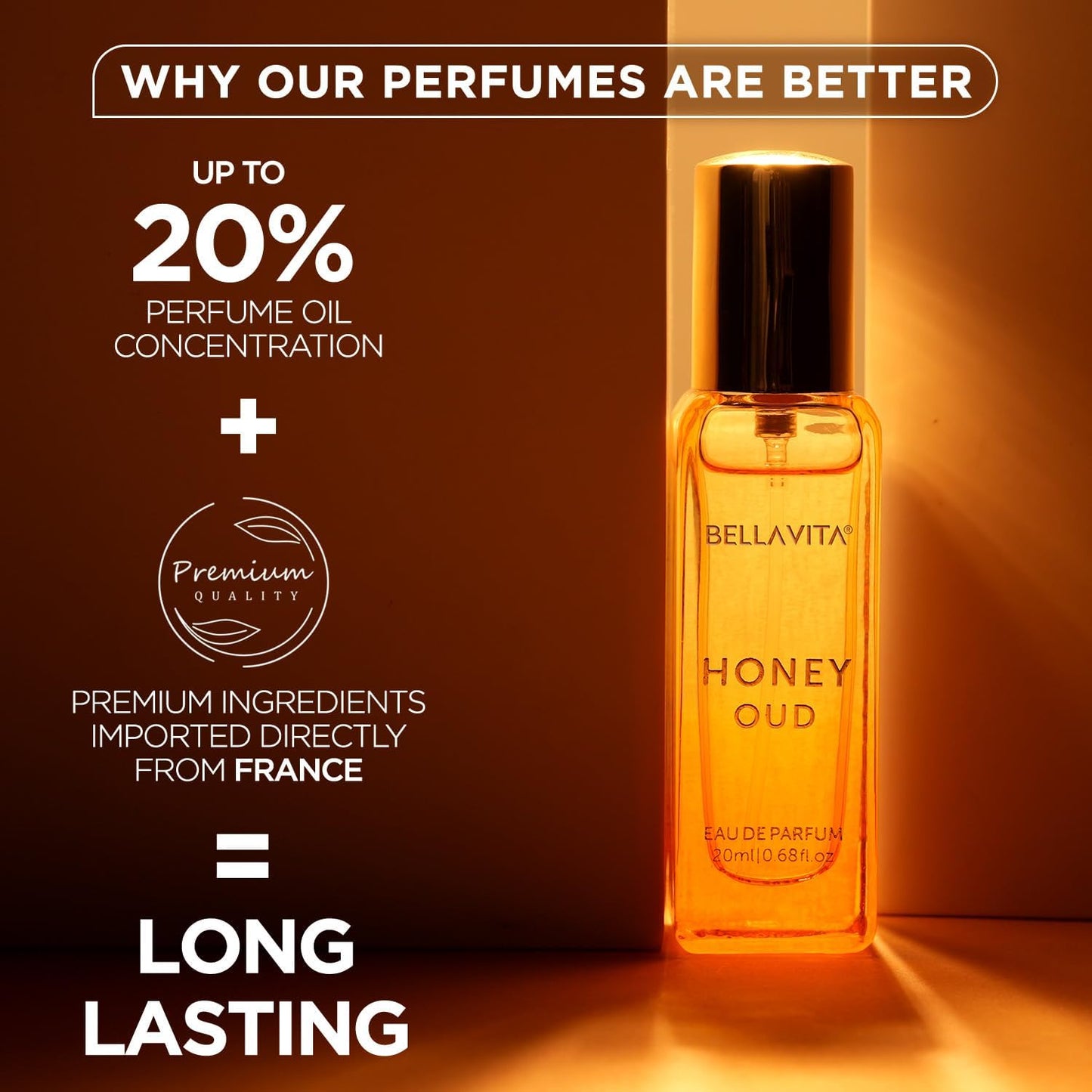 Bella Vita Luxury Honey Oud Unisex Liquid Eau De Parfum With Bergamot, Patchouli, Vanilla Premium, Long Lasting Sweet & Spicy Fragrance, 20ml