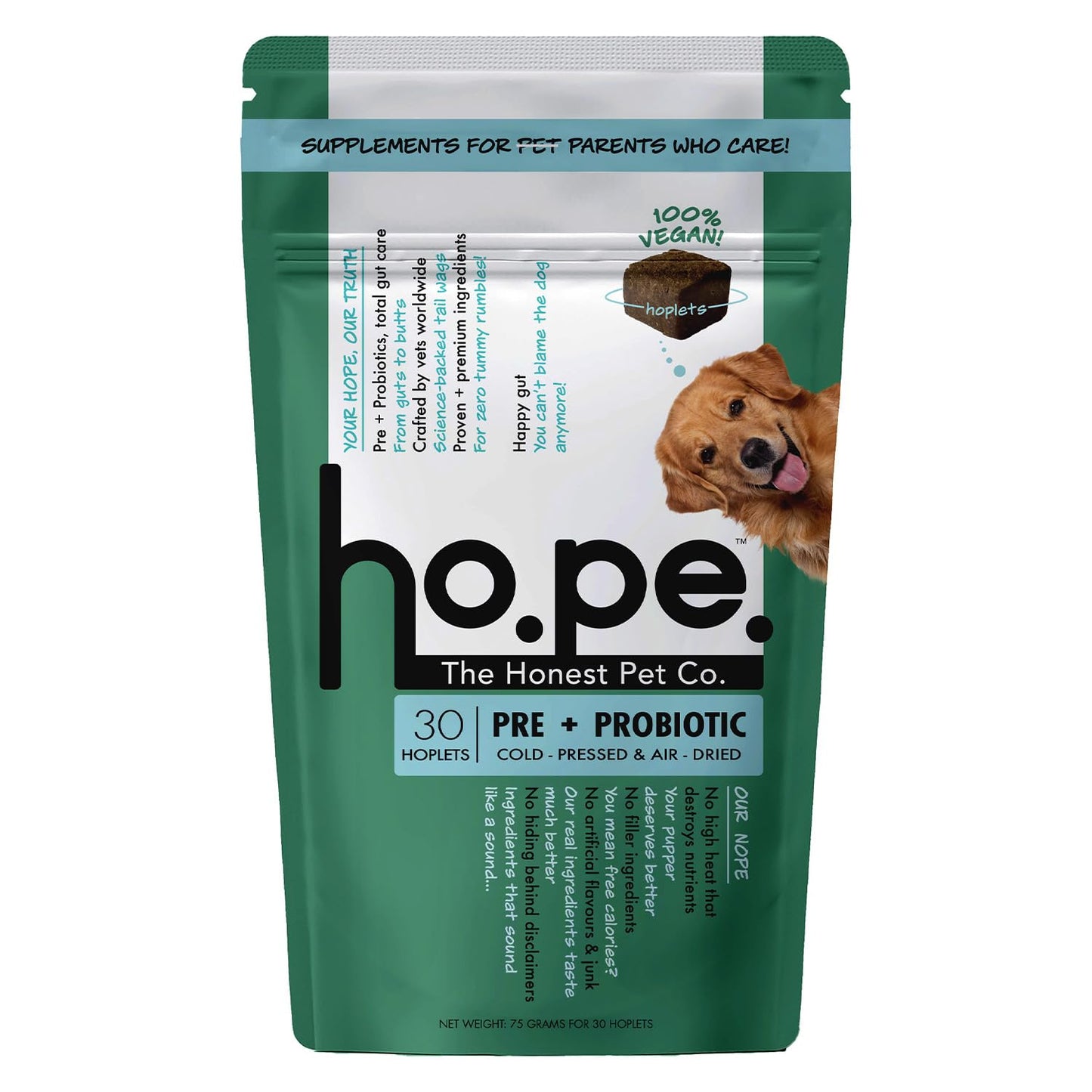 Hope Pre & Probiotics Supplement for Dogs -30 Vegan hoplets | Tasty Pet Chews with Hing for Absolute Gut Health, Gas, Itching, Scratch Relief | Cold-Pressed| Air-Dried | Tasty | Honest Pet Co