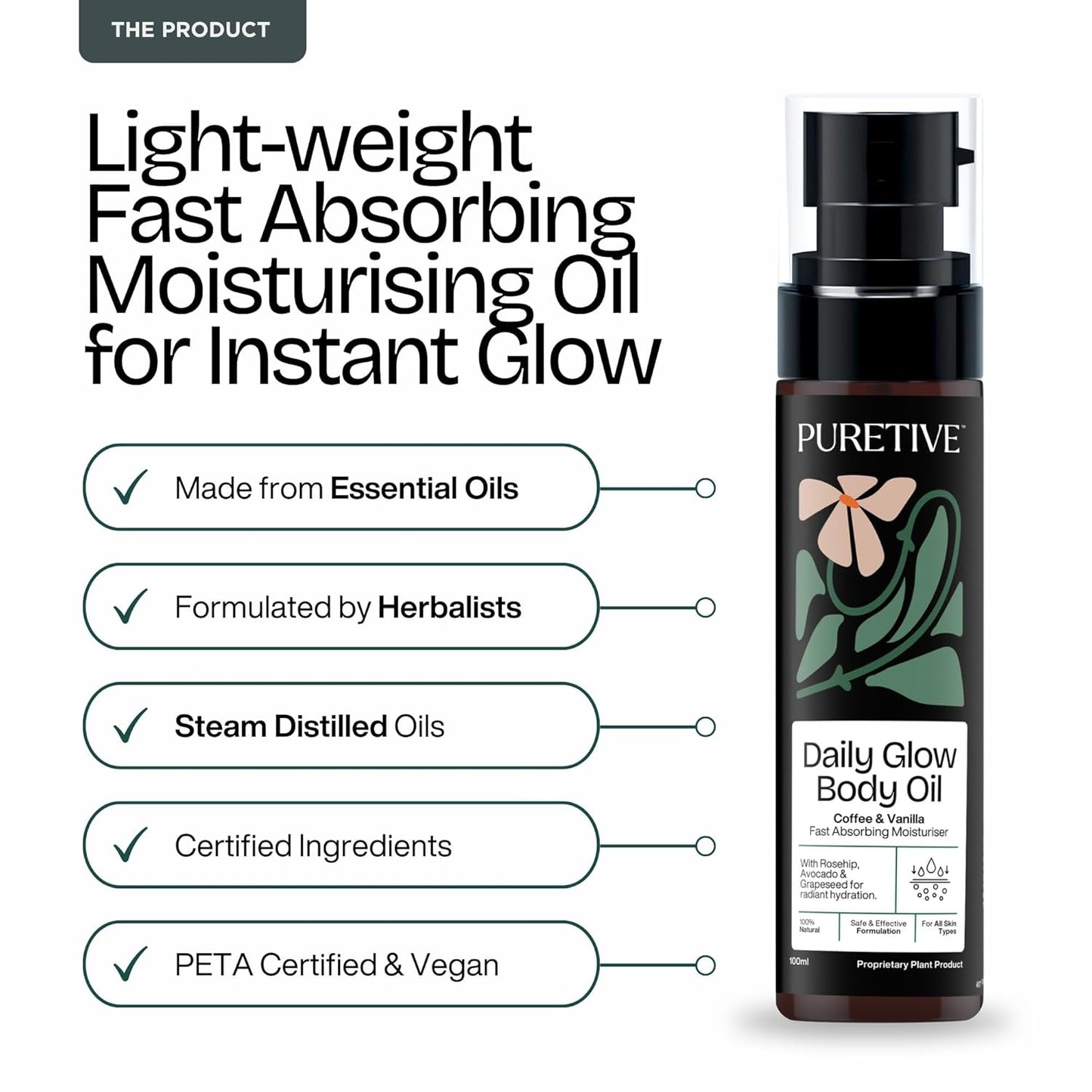 PURETIVE Daily Glow Body Oil bottle with product features on a white background