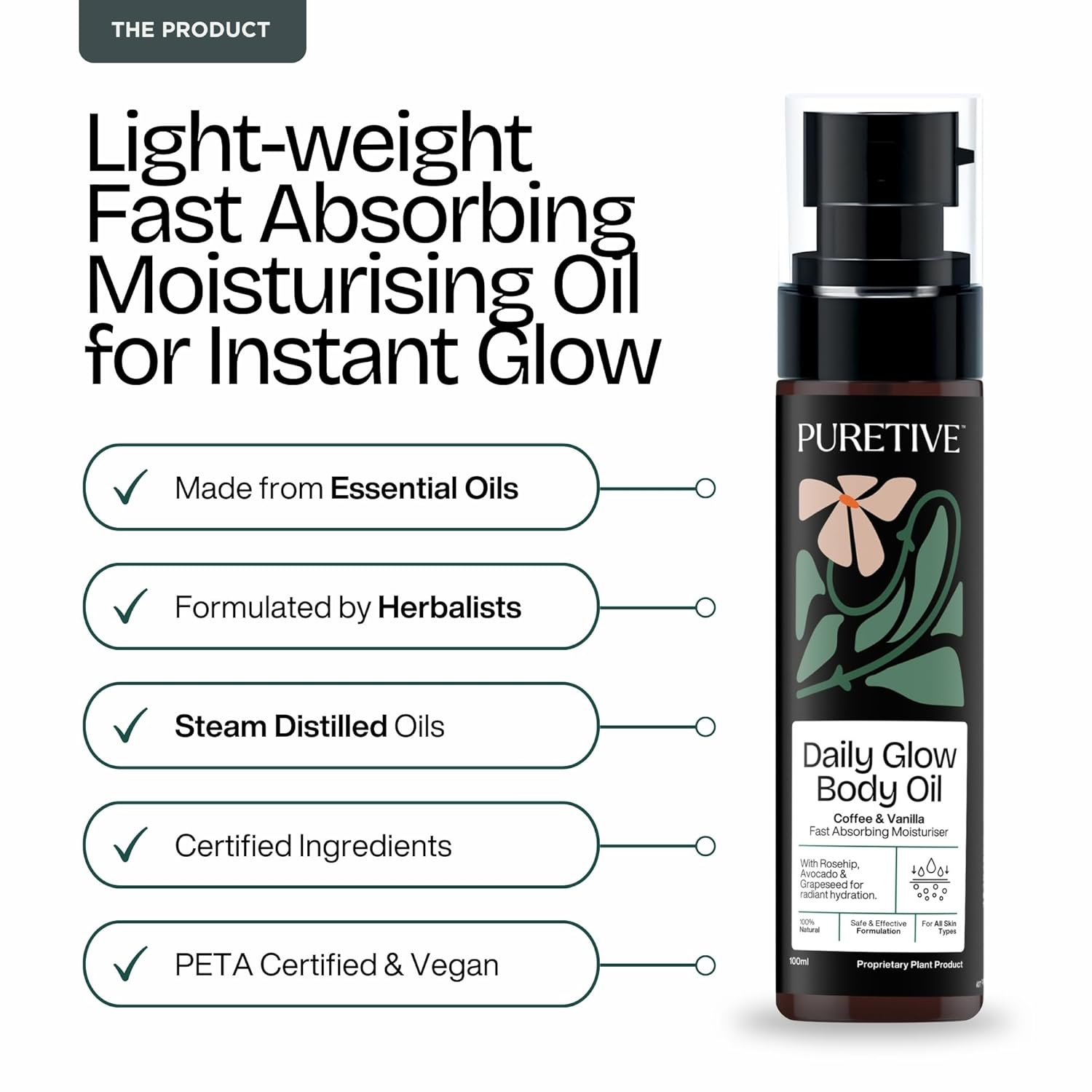 PURETIVE Daily Glow Body Oil bottle with product features on a white background