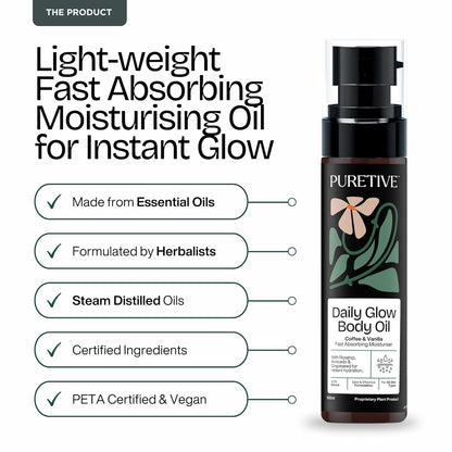 PURETIVE Daily Glow Body Oil bottle with product features on a white background