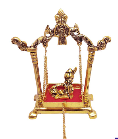 KridayKraft Laddu Gopal on Jhulla Palana Metal Statue Gold Plated Decor Your Home,Office Metal Krishna Murti,Showpiece Figurines,Religious Idol Gift Article.
