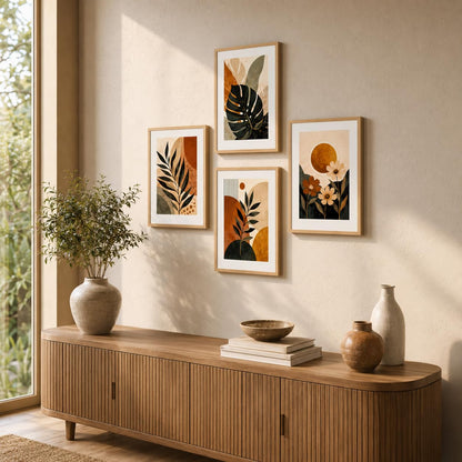 Set of 4 Botanical Leaf & Floral Wall Paintings with Sparkle Laminate and Premium Wooden Synthetic Frame for Living Room Bedroom Office Decor (13.5 x 19.5 Inch)