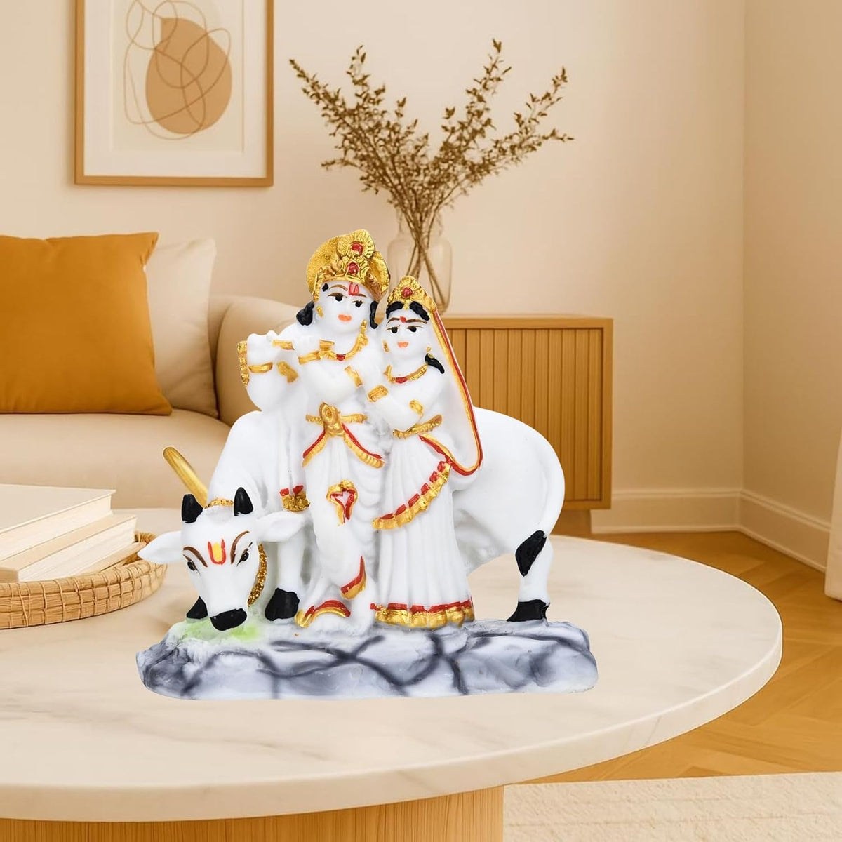 Kamdhenu Cow Calf Resin with Radha Krishna Home Office Resin Marti Figurine Puja Room Mandir Temple Home Décor Decoration Item and Gifts Wedding Housewarming Gift10 Cm,10 Cm