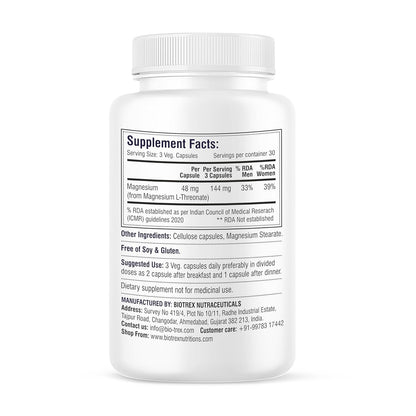 Biotrex Nutraceuticals Magnesium L Threonate 2000mg Per Serving | Better sleep, Cognitive Support & Quick Thinking | Brain & Memory Function | Most Bioavailable Form of Magnesium | 90 Vegetarian Capsules