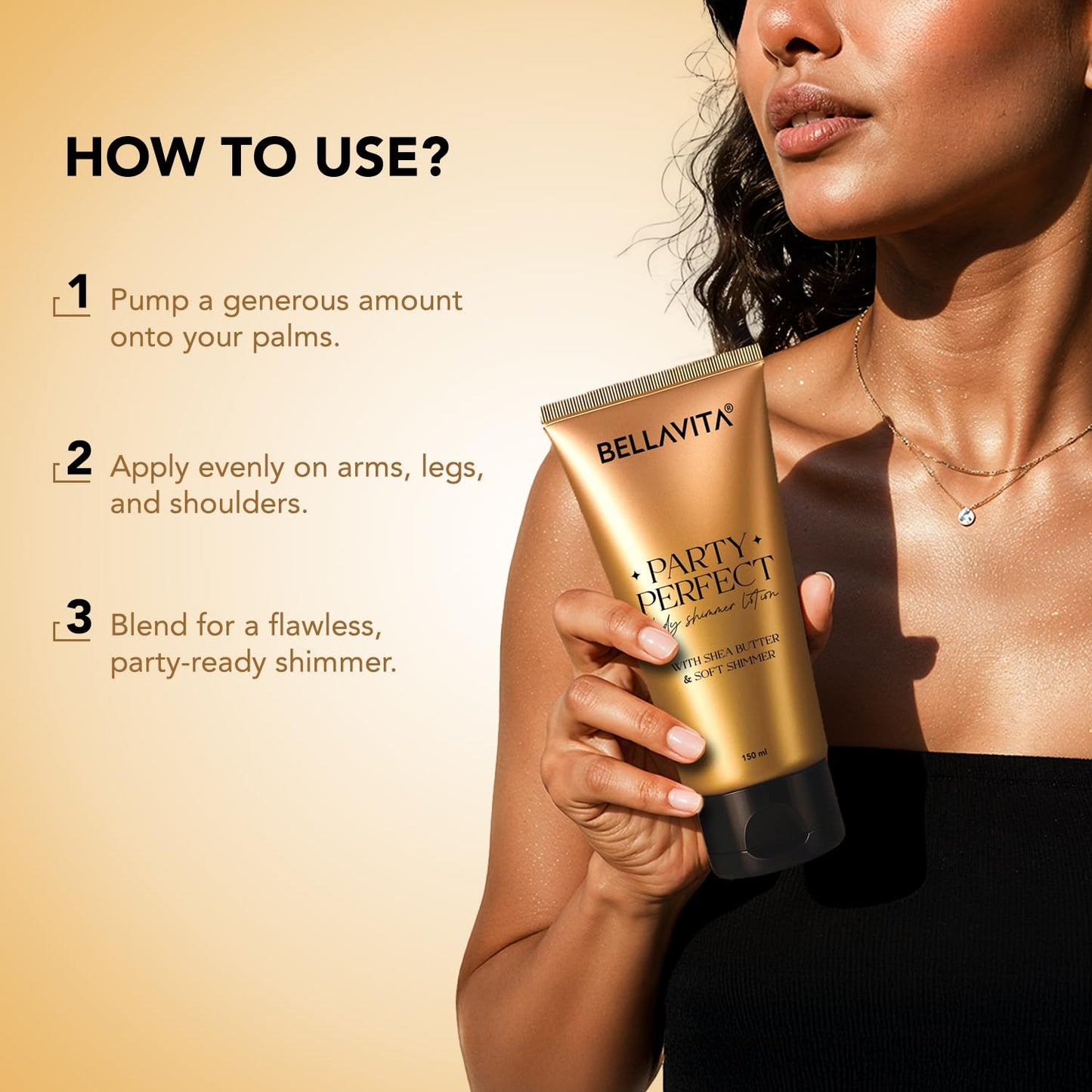 Woman holding a 'Party Perfect' product with usage instructions on a beige background