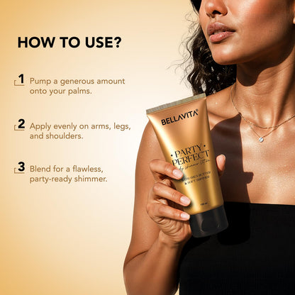 Woman holding a 'Party Perfect' product with usage instructions on a beige background