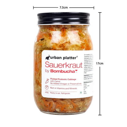 Urban Platter Sauerkraut Original Pickled Probiotic Cabbage with Carrot, 450g / 15.8oz [Raw, Artisanal, Plant-Based, Preservative Free]