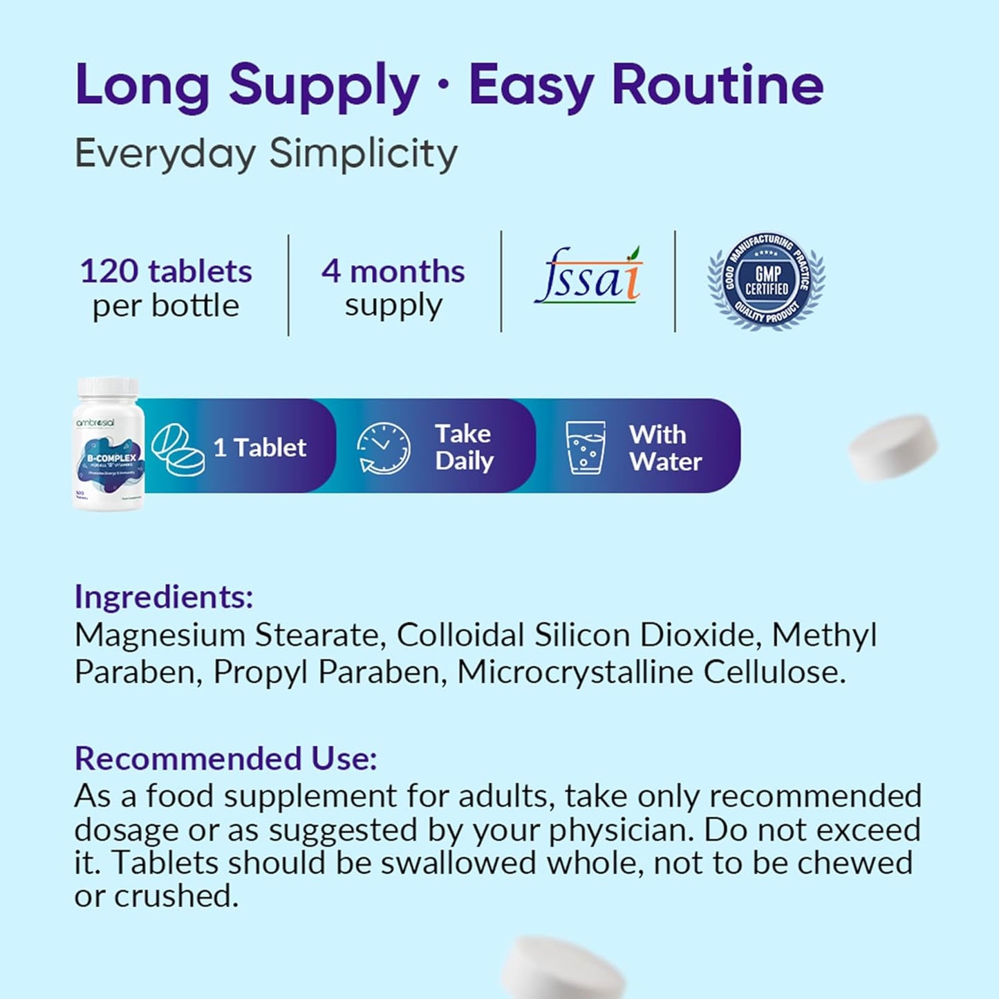 Supplement bottle with label details on a blue background
