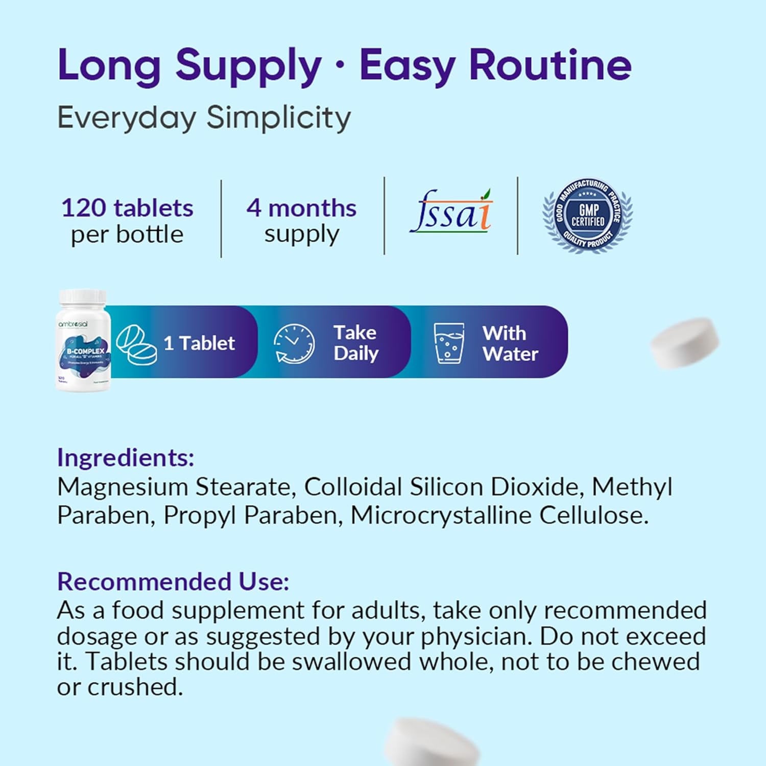 Supplement bottle with label details on a blue background