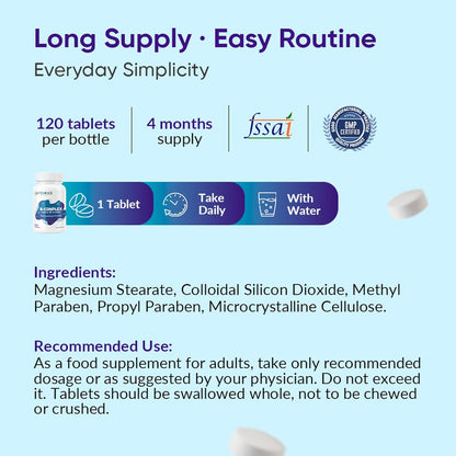 Supplement bottle with label details on a blue background