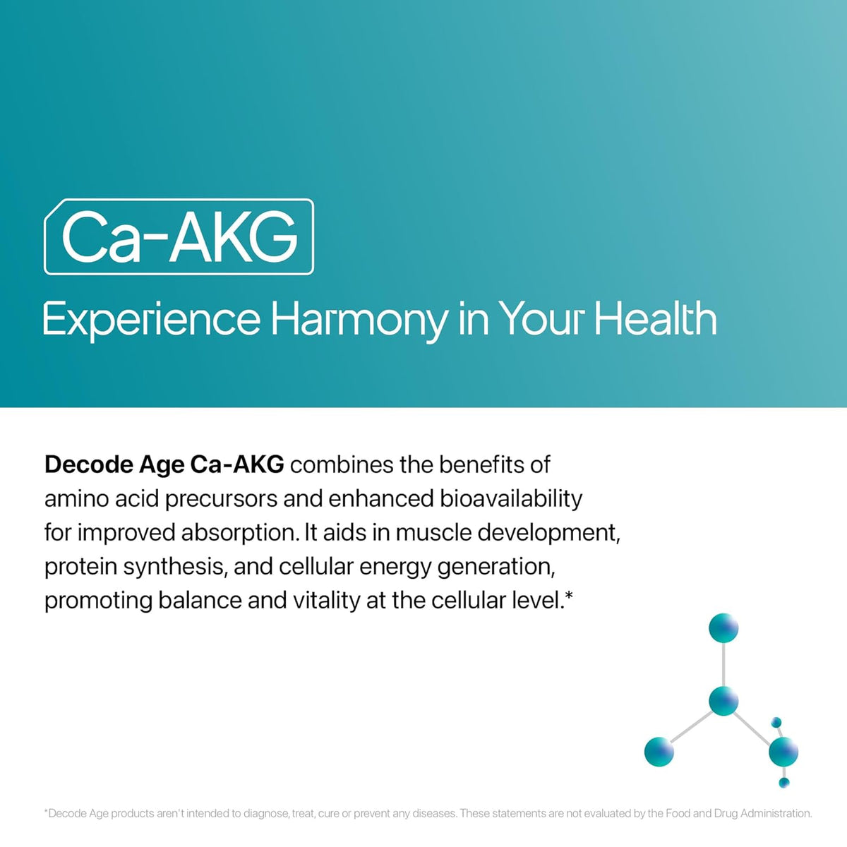 Ca-AKG health supplement advertisement with text and molecular structure on a blue background