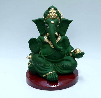 Handcrafted Poly Resin Ganesha Statue with Base - Perfect for Car Dashboard, Office Desk, Shelves, and Home Decor - Ideal Housewarming Gift! (Gaddigreenwithbase)
