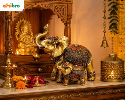 Decorative Elephant Showpiece for Home Décor | Resin Lucky Elephant Statue with Mother & Baby Design | Tabletop Feng Shui Good Luck Idol (Golden Elephant Family)