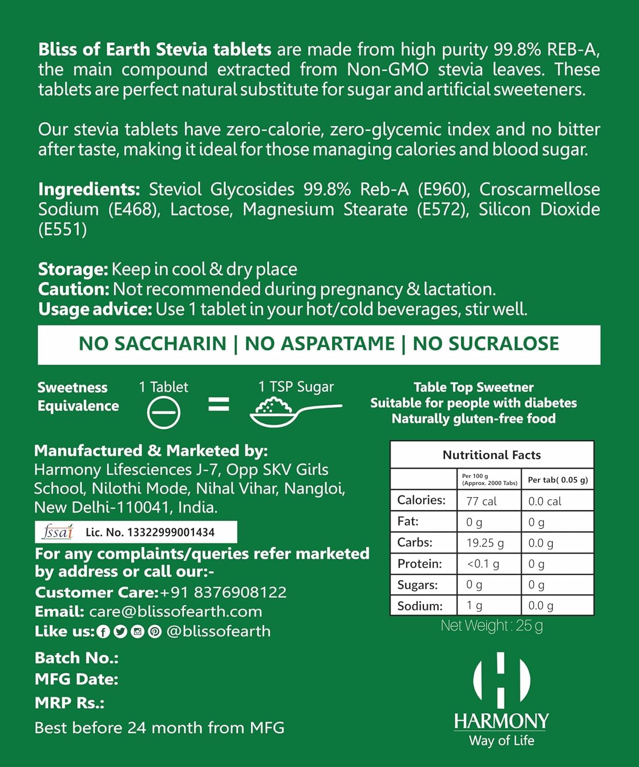Bliss of Earth Stevia 500 Tablets Sugar free Pellets Zero Calorie Sweetener Diabetic and Keto Friendly Zero Calorie Keto Sweetener, Organic Quick Dissolve 99.8% REB-A Purity