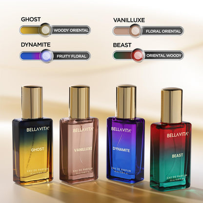 Four Bellavita perfume bottles with color swatches and names on a gradient background