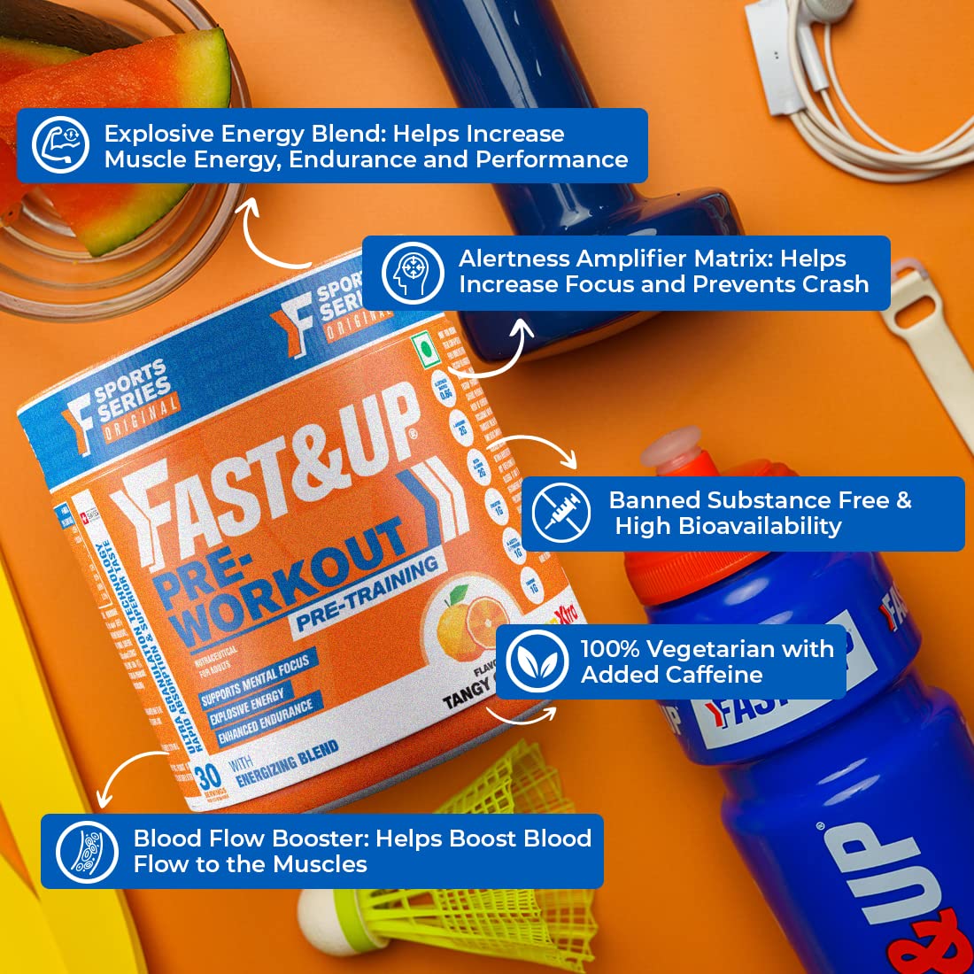 FAST&UP pre-workout supplement packaging with product features highlighted on an orange surface.