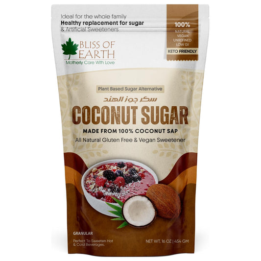 Bliss of Earth Coconut Sugar Organic 454gm | Natural Unrefined & Vegan Palm Sugarg Sweetener | Gluten-Free & Keto Friendly Sugar Substitute | Natural Sugar Alternative for Coffee, Tea, Baking & Smoothies