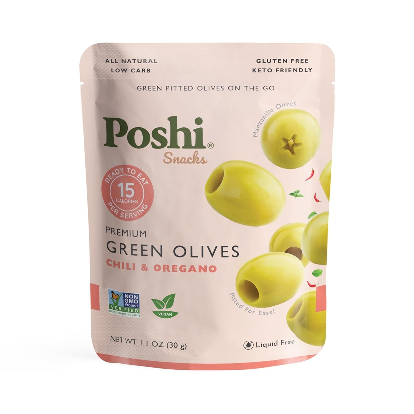 Poshi Green Olives On-The-Go - Single Serve Pitted Olives - Convenient and Healthy Snack Packs - All Natural, Non-GMO, Kosher, Gluten-Free - 1.1 Oz