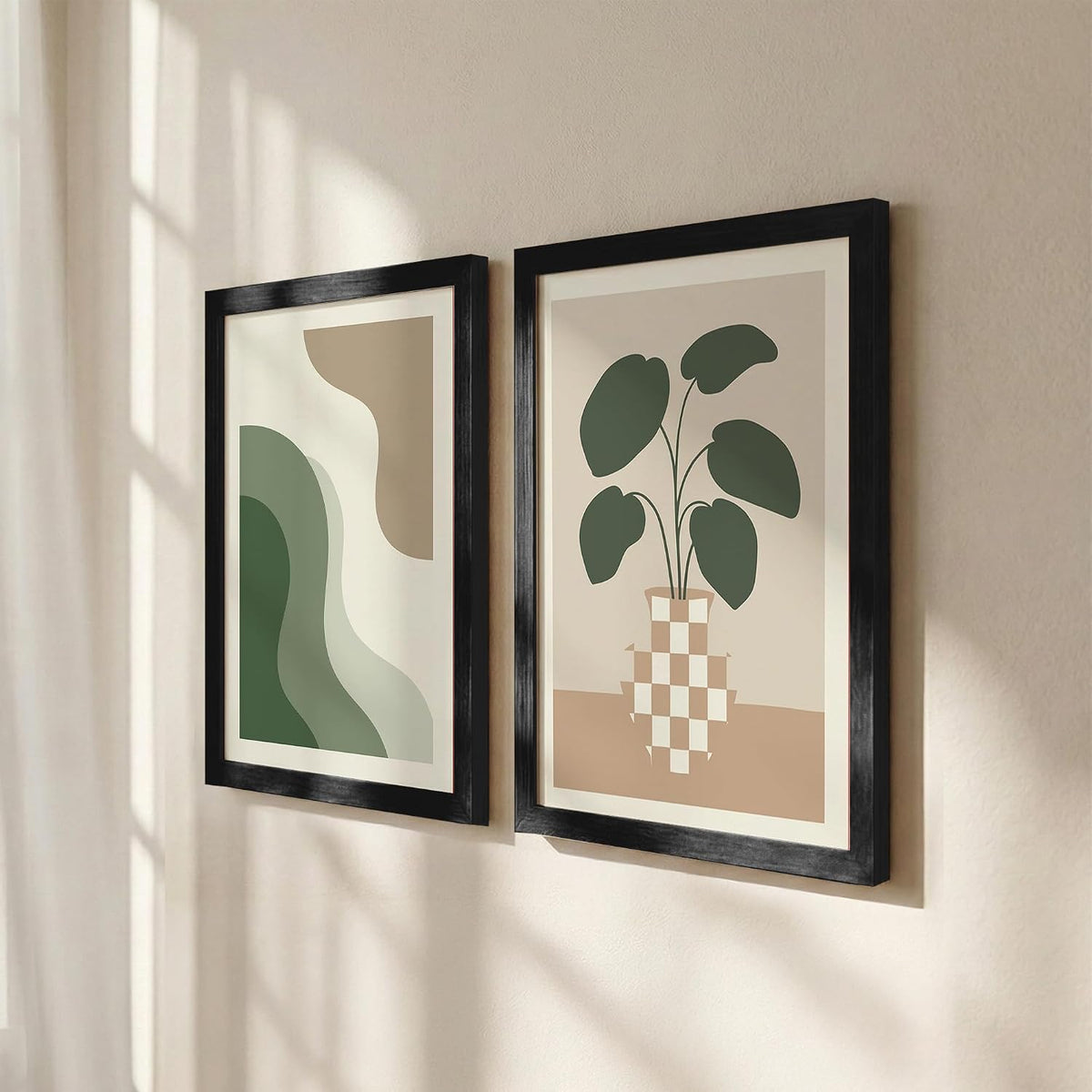 Modern Abstract Botanical Wall Art Set of 2, Minimalist Green Plant Prints, Neutral Beige Framed Wall Decor with Wooden Frames for Living Room, Bedroom & Office