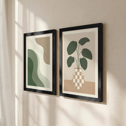 Modern Abstract Botanical Wall Art Set of 2, Minimalist Green Plant Prints, Neutral Beige Framed Wall Decor with Wooden Frames for Living Room, Bedroom & Office