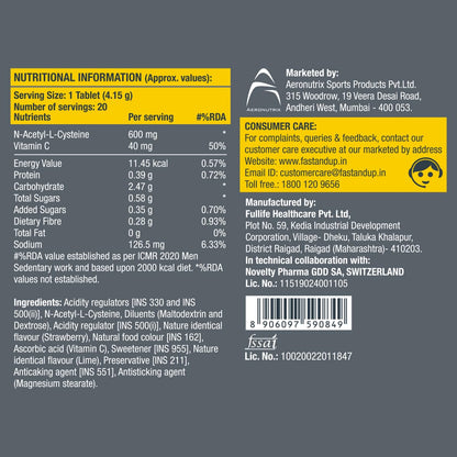 Nutritional information label on a supplement package with branding details.