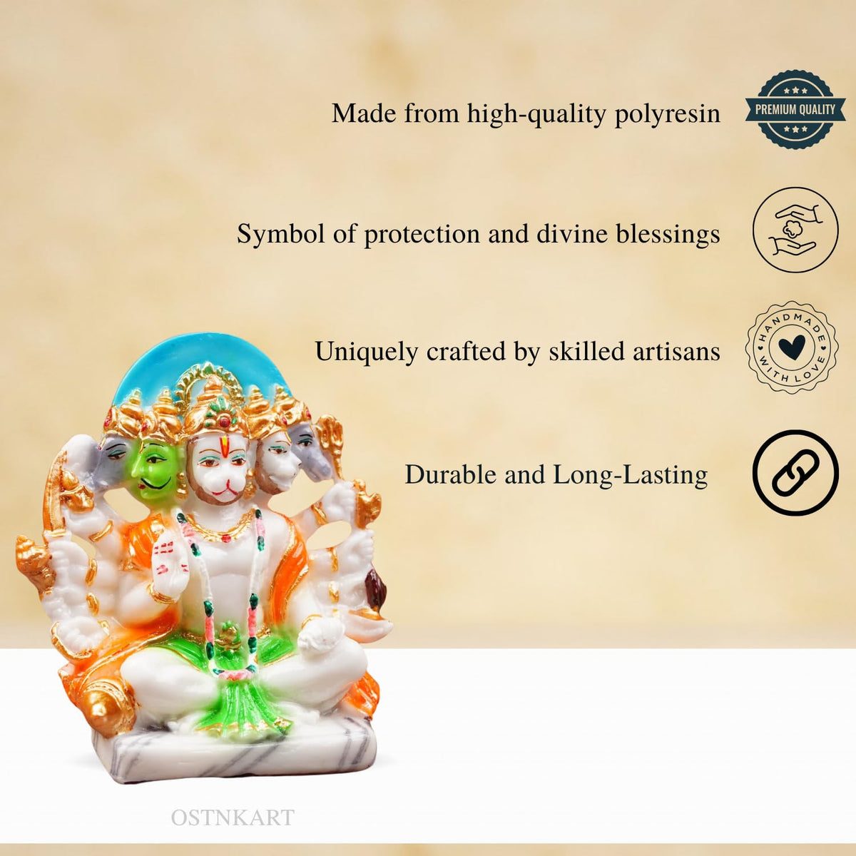 Panchmukhi Hanuman Murti 6 inch Marble Dust Multicolour God Idol for Home Decor, Pooja Room,Temple,Vastu Statue,Gifting