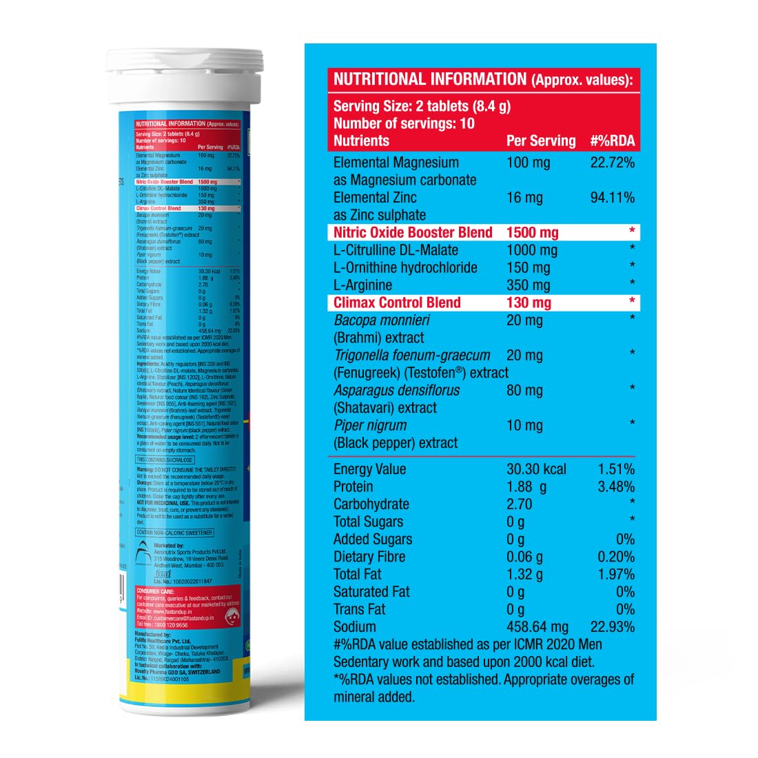Nutritional information label on a supplement tube with blue and white design.