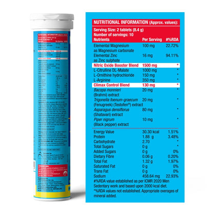 Nutritional information label on a supplement tube with blue and white design.