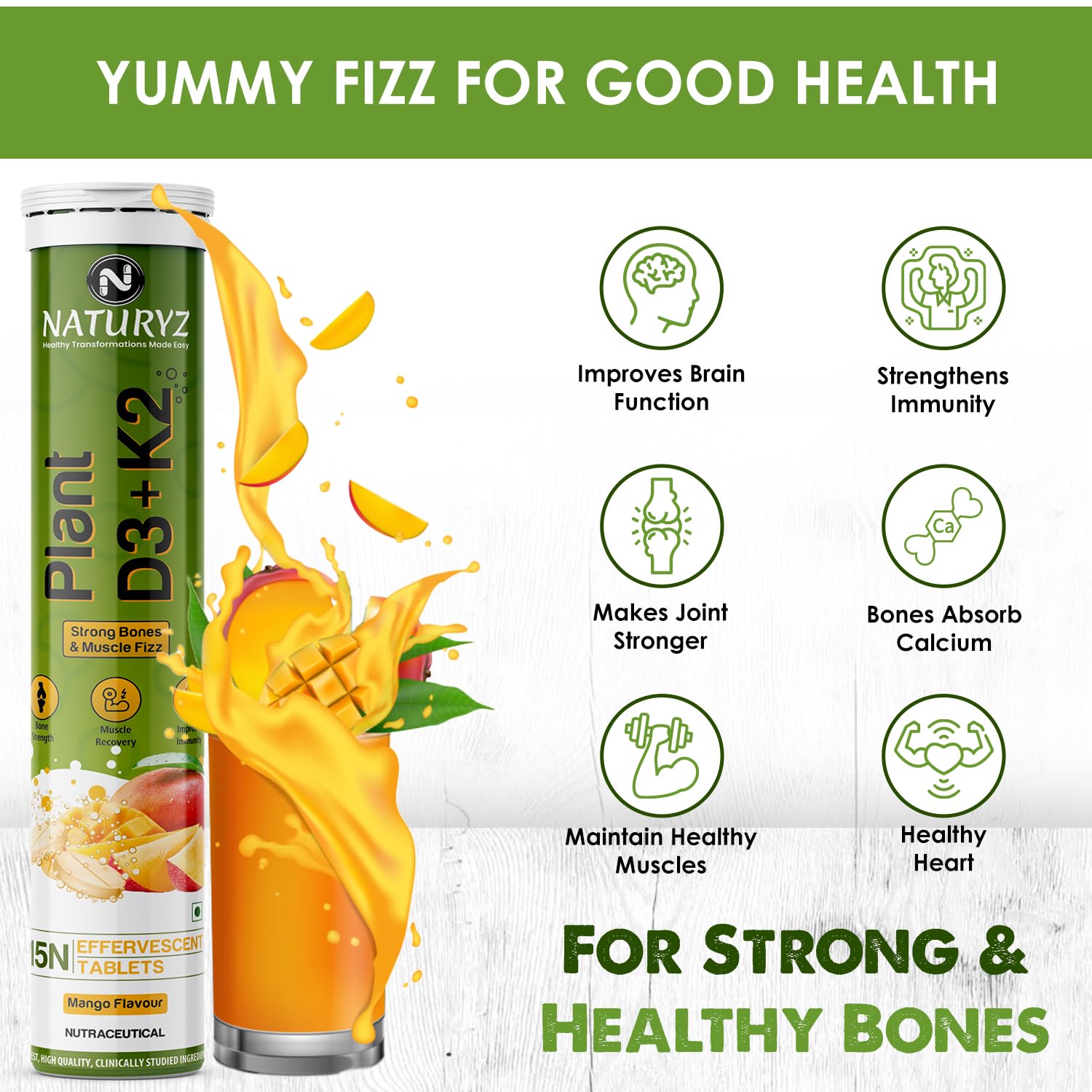 Naturyz Plant D3+K2 supplement with mango flavor, showing health benefits on a white background.