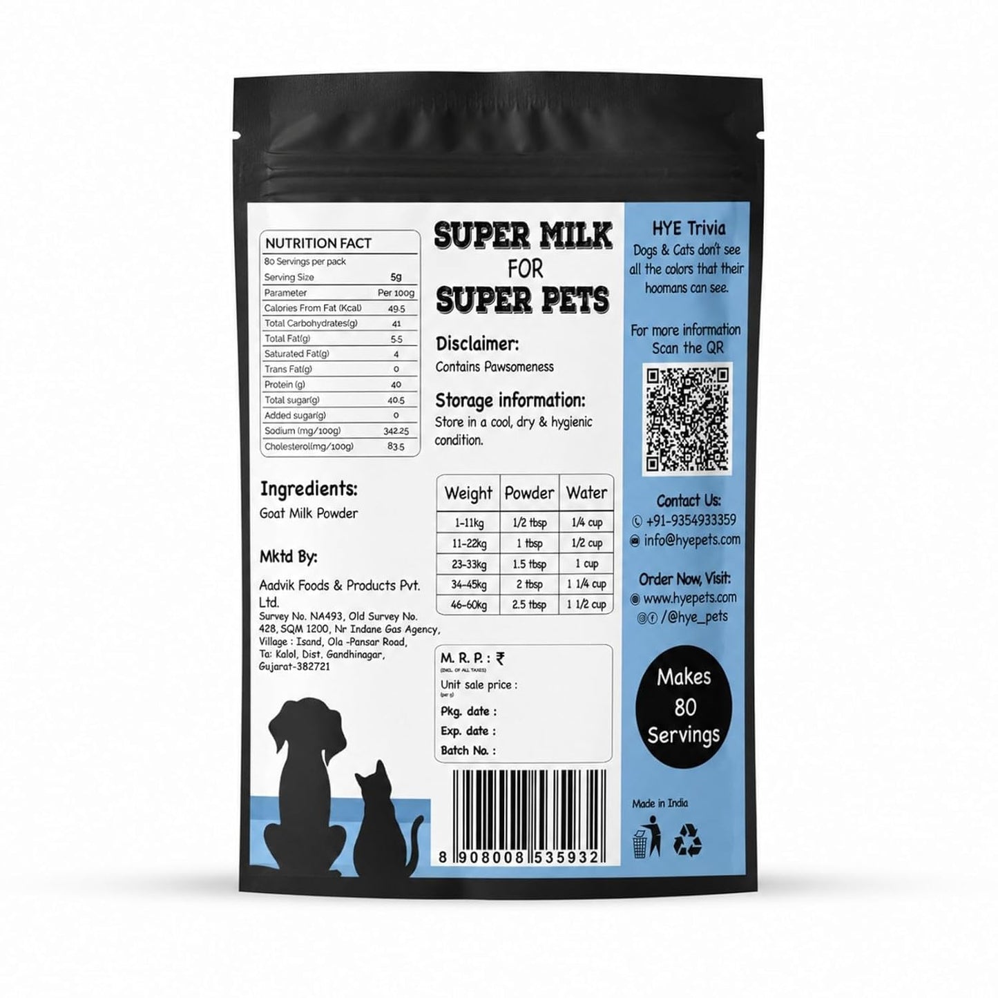 HYE Pets Goat Milk Powder for Pets | Nutrient-Rich Supplement for Happy and Healthy Dogs and Cats Food | 80 Servings Per Pack | 400g