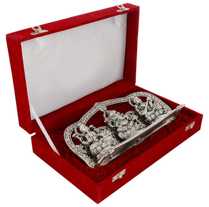 Silver Plated Laxmi Ganesh Saraswati God Idol Statue Oxidized Finish with Beautiful Velvet Box Packing and with Carry Bag (29cm x 18cm x 7cm), Religious