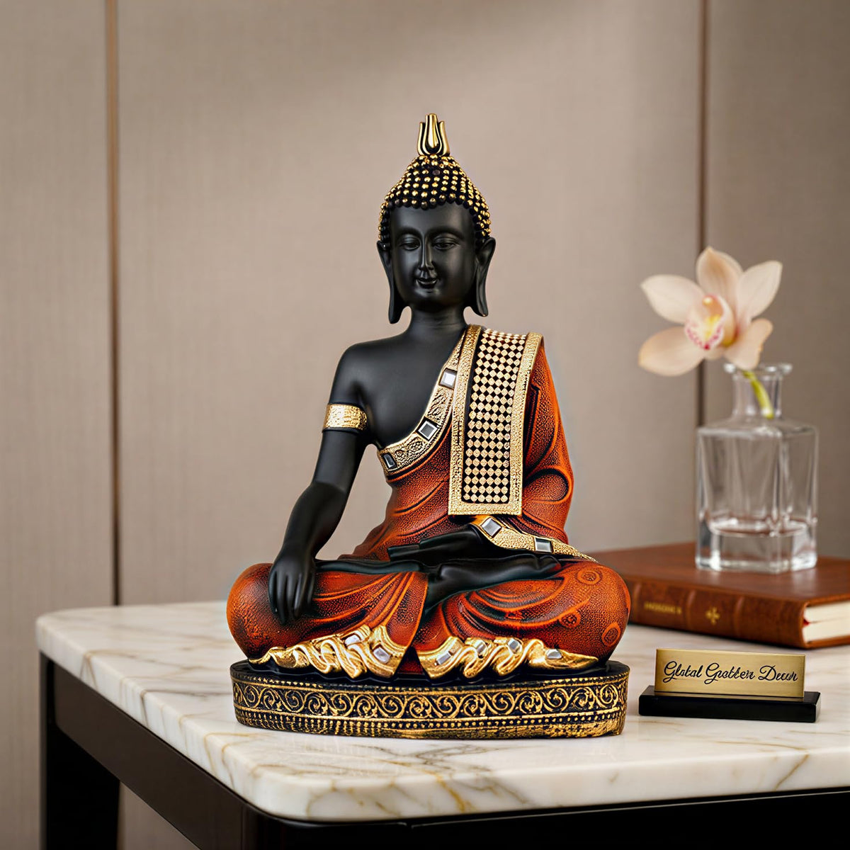 Buddha Idol Statue | Home Decoration Items for Living Room (Orange Black)