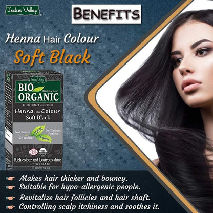 Indus Valley Henna Hair Colour Soft Black packaging with a woman's face and product benefits text.