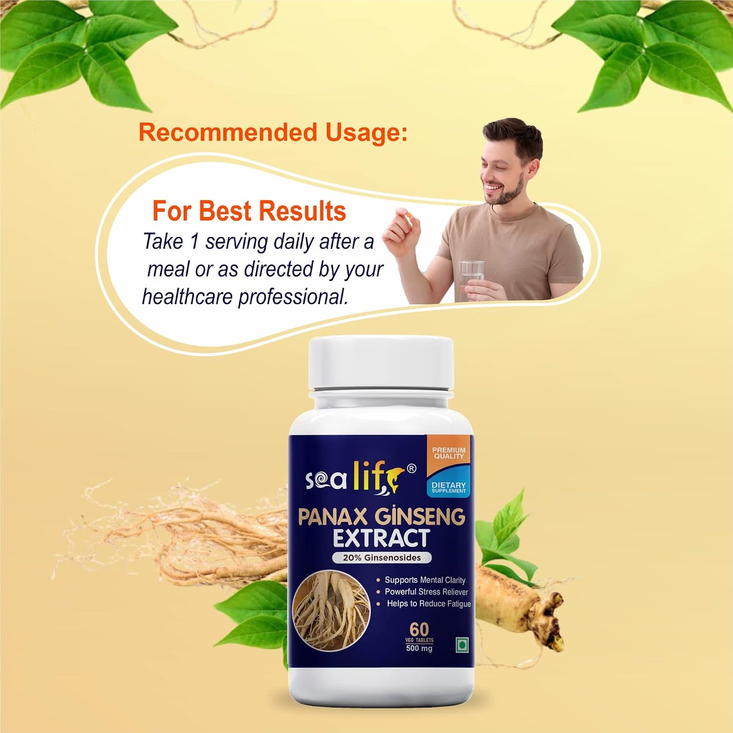 Sea Life Panax Ginseng | Korean Red Ginseng Supplement for Men & Women, Root Extract Powder for Energy and Stress Management (60 Tablets).