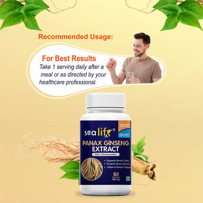 Sea Life Panax Ginseng | Korean Red Ginseng Supplement for Men & Women, Root Extract Powder for Energy and Stress Management (60 Tablets).