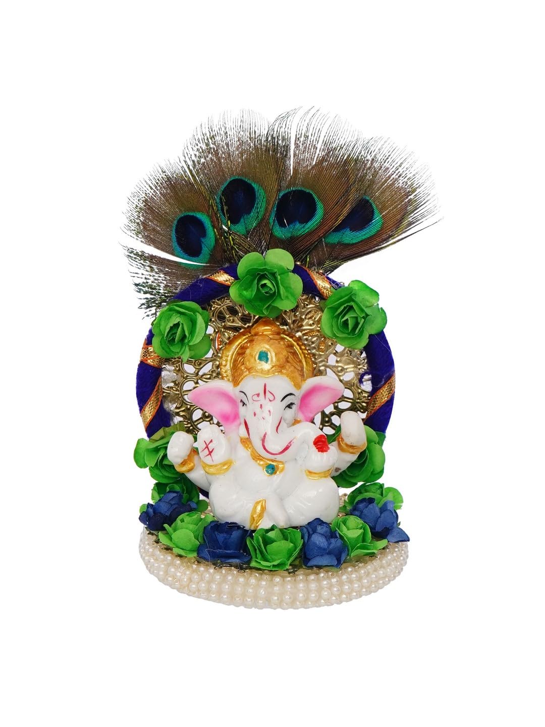 Resin Handcrafted Lord Ganesha Idol on Peacock Feather Floral Designer Plate, Divine Home Decor for Pooja Room, Car Dashboard | Gift for Diwali, Ganesh Chaturthi, Spiritual Enthusiasts