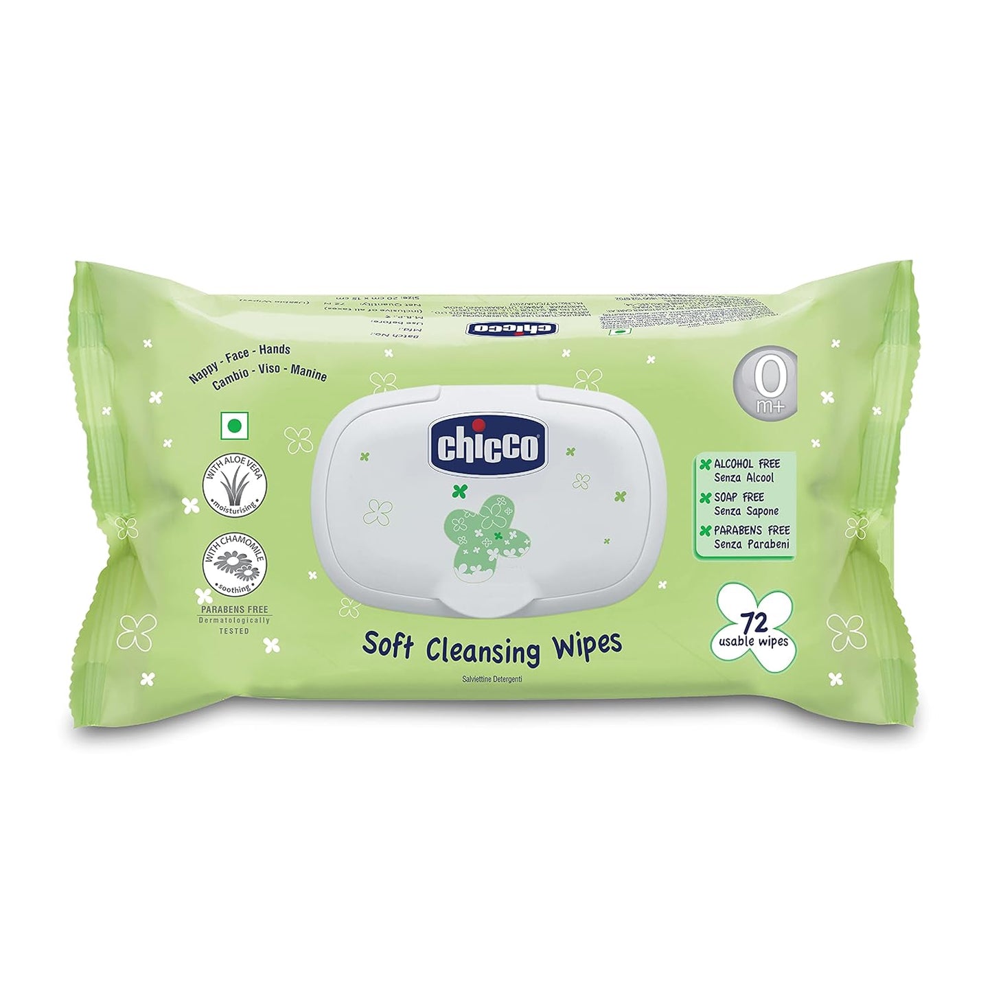 Chicco Baby Soft Cleansing Wipes, Ideal for Nappy, Face and Hand, Dermatologically Tested, Alcohol & Paraben Free, Fliptop Pack (72 Sheets)