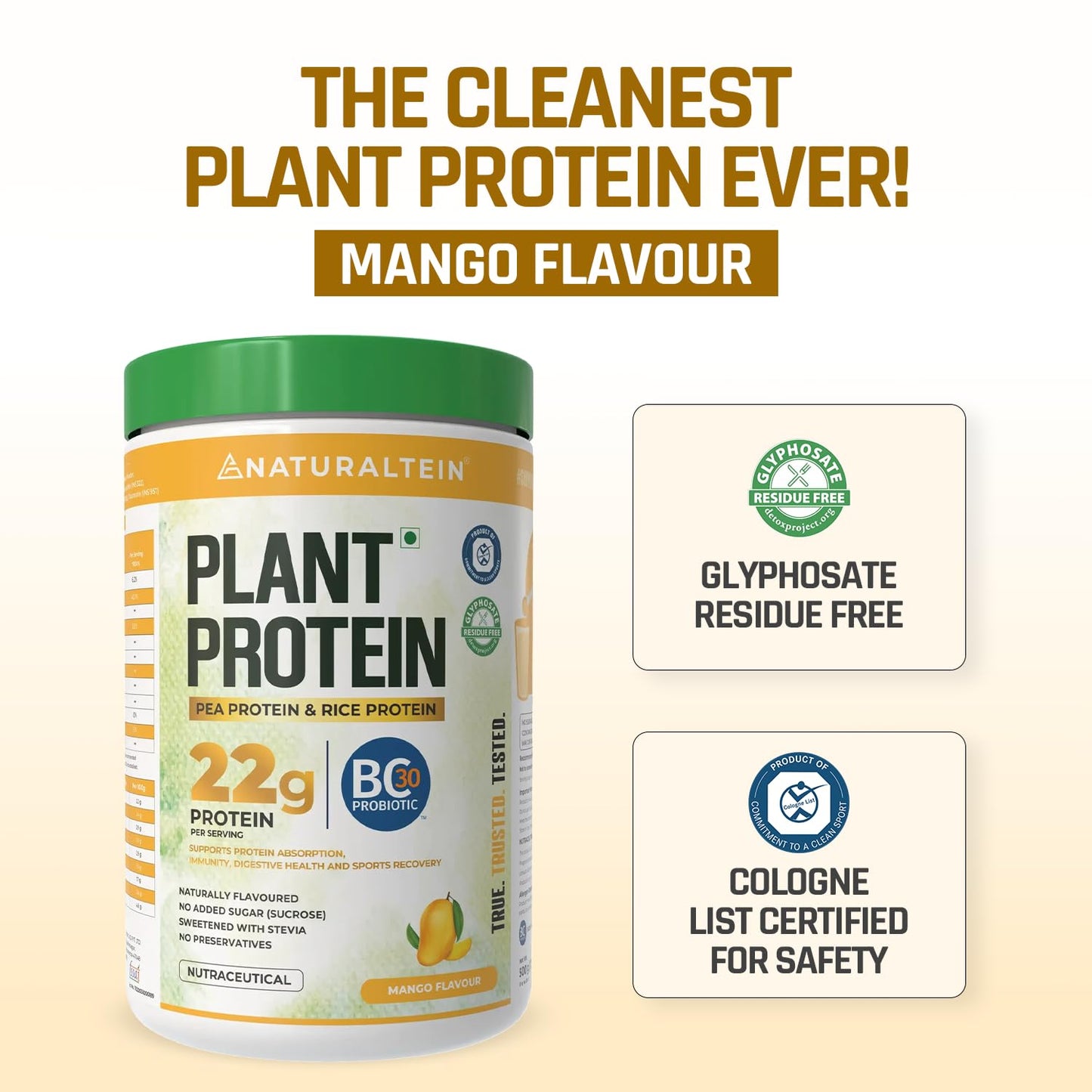 Naturaltein plant protein powder container with certification logos on a white background