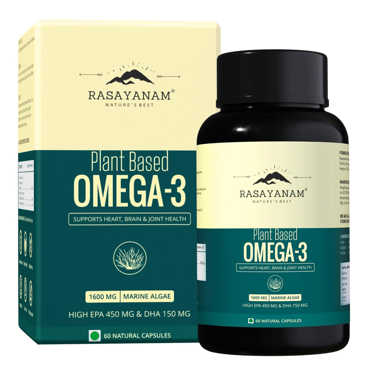Rasayanam Plant Based Omega-3 supplement bottle and packaging on a white background