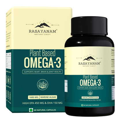 Rasayanam Plant Based Omega-3 supplement bottle and packaging on a white background