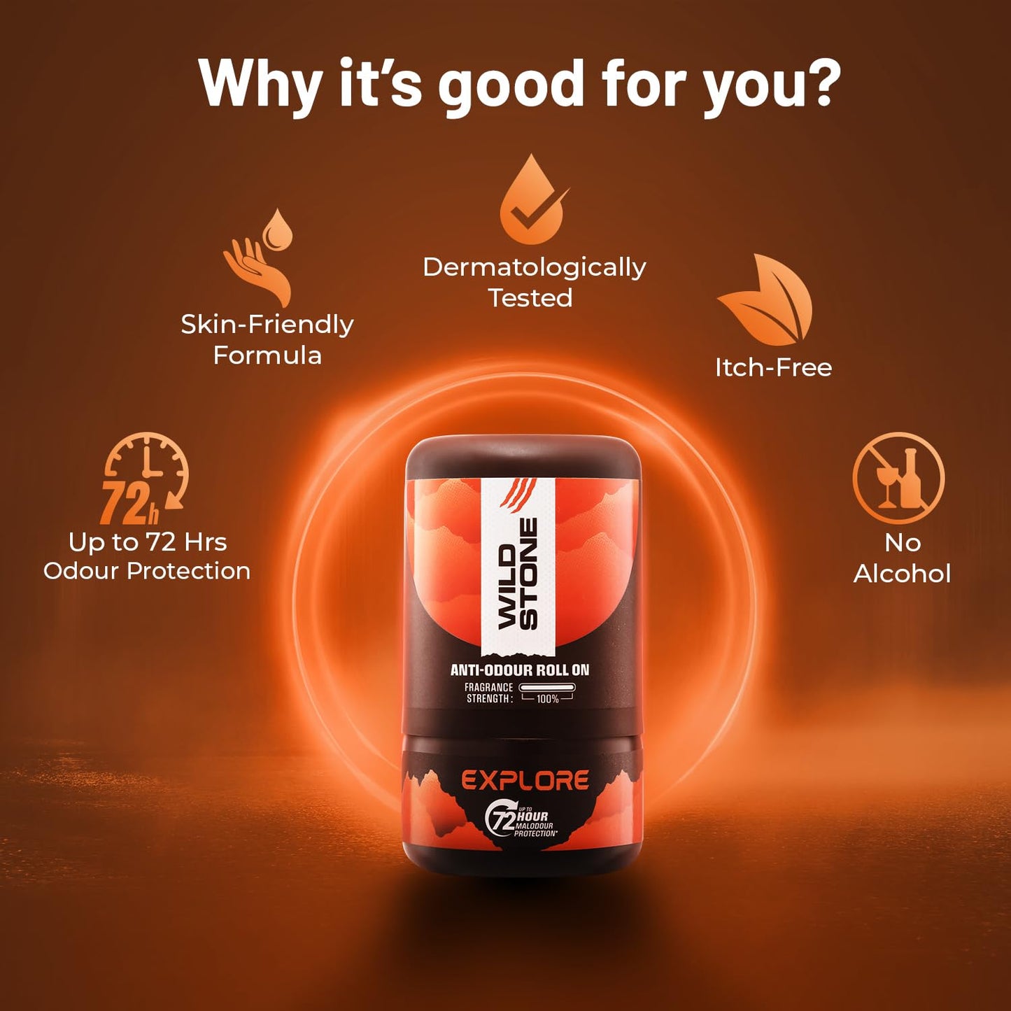 Wild Stone anti-odor roll-on with features on an orange background