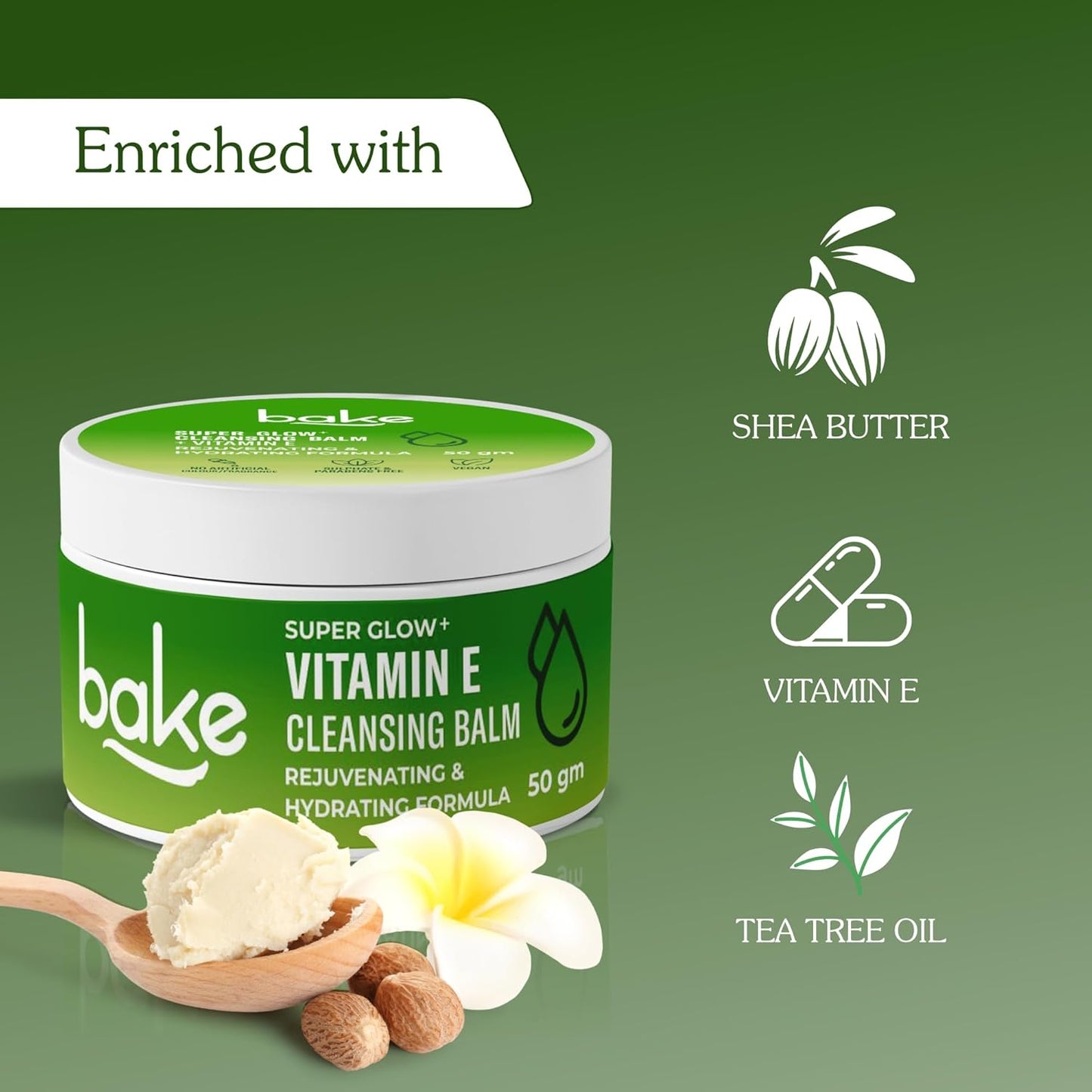 BAKE Super Glow+ Vitamin E Cleansing Balm | Rejuvenating & Hydrating Formula | For Acne prone skin Dry, Normal, Oily & Combination Skin | Sulphate & Paraben Free | 50g