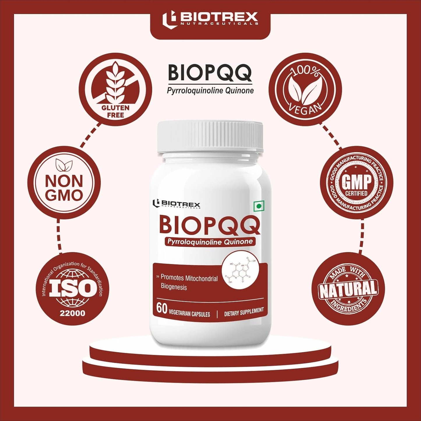 Biotrex Nutraceuticals Bio Pqq 20mg With Calcium Supplement - 60 Veg Capsules, pqq as (pyrroloquinoline Quinone disodium salt)