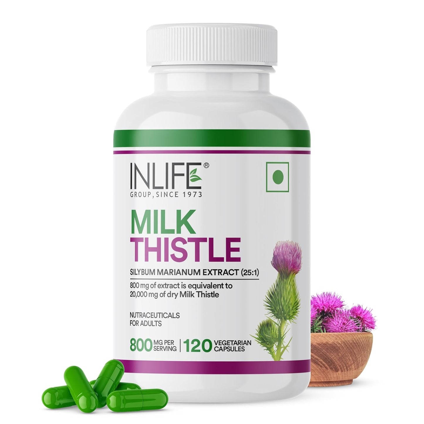 INLIFE Milk Thistle Extract 800mg | 80% Silymarin Liver Support Supplement - 120 Vegetarian Capsules (Pack of 1)
