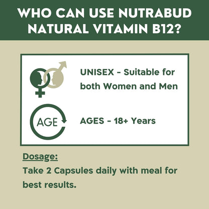 Nutrabud Organics Plant Based Vitamin B12 Supplement for Men, Women - 120 Capsules - 100% RDA of Natural B12 for High Absorption (120 Count (Pack of 1))
