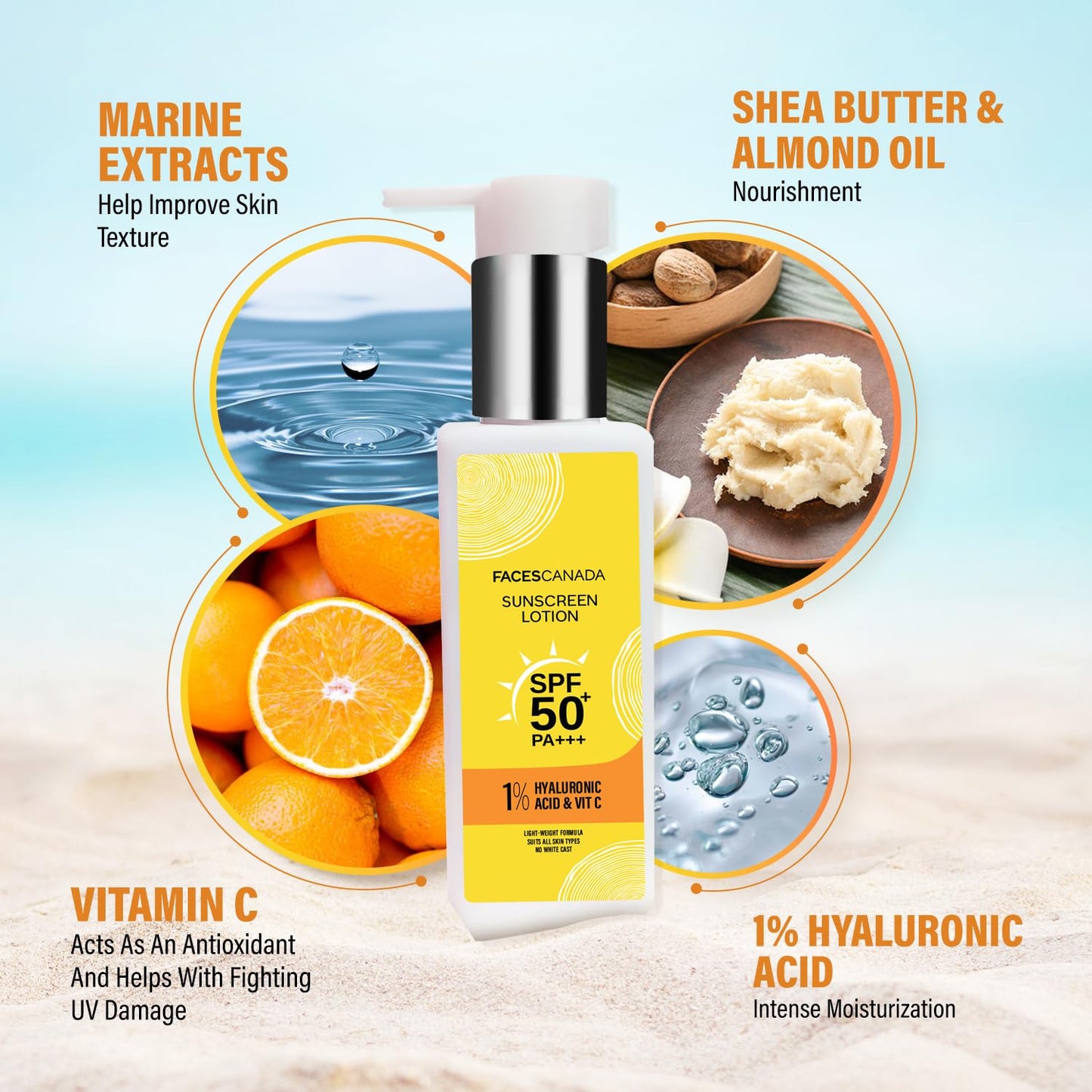 FACESCANADA Sunscreen Lotion, 100ml | SPF 50 PA+++ | Oily Protects From UVA & UVB Rays | 1% Hyaluronic Acid & Vitamin C | Lightweight | No White Cast | Natural Radiant Glow| No Alcohol | No Parabens