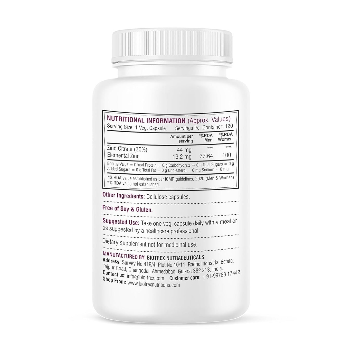 Biotrex Nutraceuticals Zinc Citrate Supplement | Immunity & Growth | Better Immune System & Overall Healing | Well Absorbed Zinc | 120 Veg Capsules